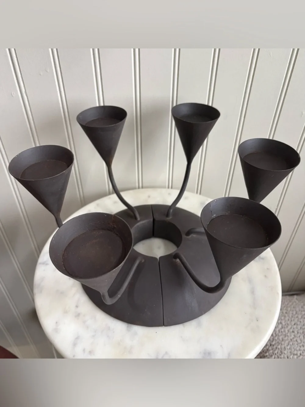 Pottery Barn Brutalist Raw Metal Candle Holder Centerpiece Brown Contemporary